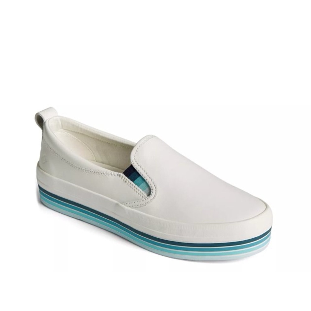 White Slip-On Sperry Sneakers with Blue Striped Sole